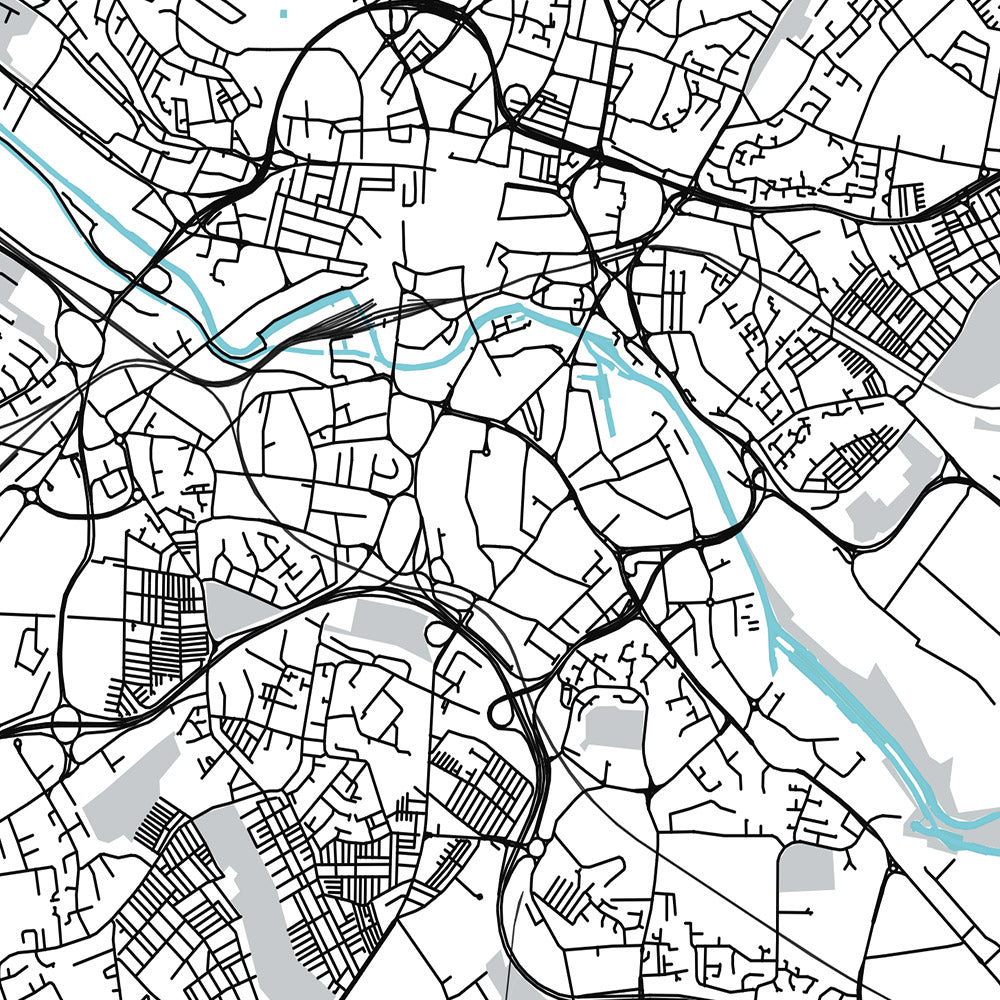 Plan de la ville moderne de Leeds, Royaume-Uni : centre-ville, galerie d'art, hôtel de ville, marché de Kirkgate, Grand Théâtre