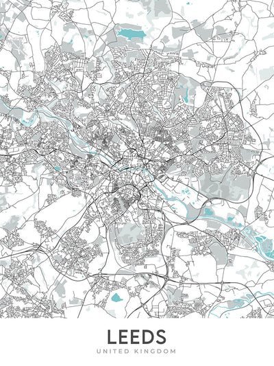 Mapa moderno de la ciudad de Leeds, Reino Unido: centro de la ciudad, galería de arte, ayuntamiento, mercado Kirkgate, gran teatro