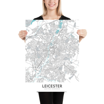 Mapa moderno de la ciudad de Leicester, Reino Unido: centro de la ciudad, universidad, catedral, castillo, centro espacial