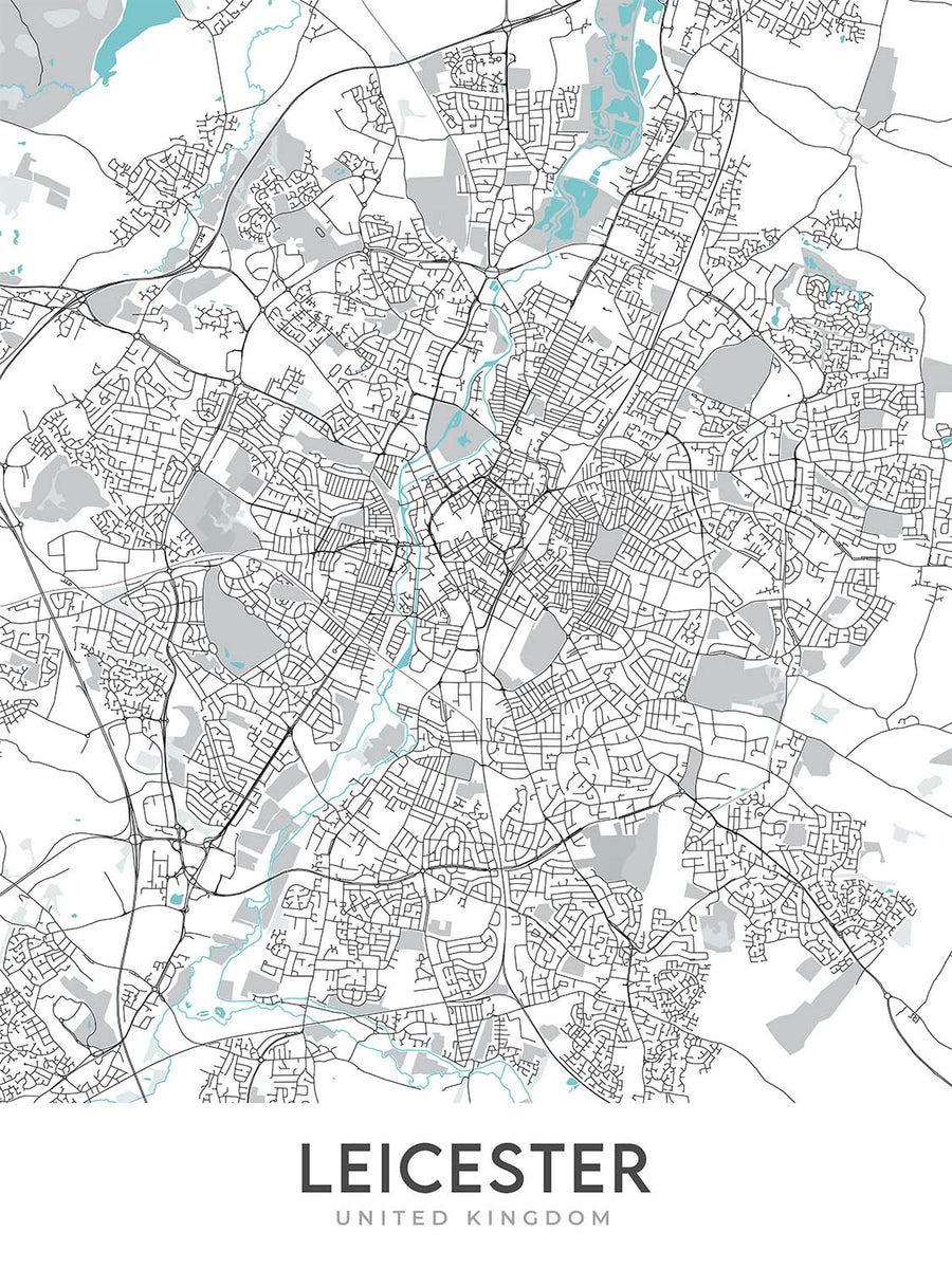 Mapa moderno de la ciudad de Leicester, Reino Unido: centro de la ciudad, universidad, catedral, castillo, centro espacial