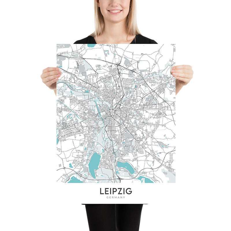 Mapa moderno de la ciudad de Leipzig, Alemania: Zentrum, Leipzig Hauptbahnhof, Bundesautobahn 9, Universidad de Leipzig, Iglesia de Santo Tomás