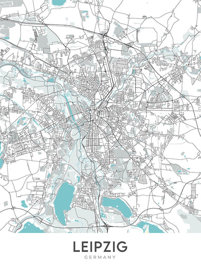 Plan de la ville moderne de Leipzig, Allemagne : Zentrum, Leipzig Hauptbahnhof, Bundesautobahn 9, Université de Leipzig, Église Saint-Thomas