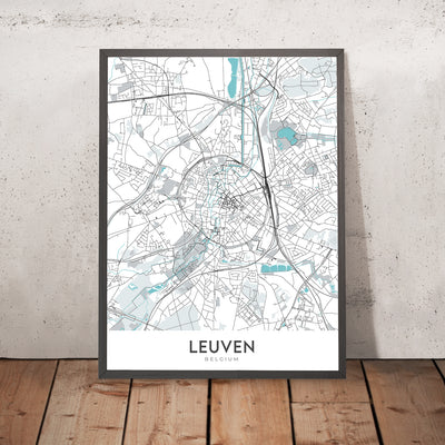 Plan de la ville moderne de Louvain, Belgique : hôtel de ville, université, jardin botanique, E40, A2