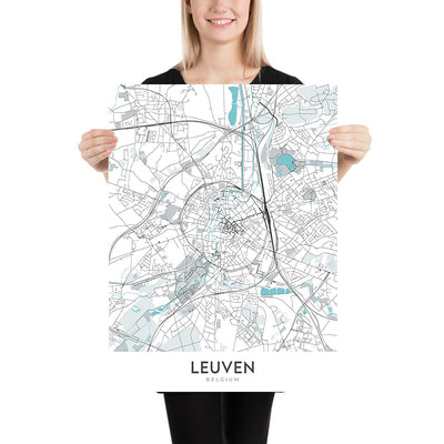 Plan de la ville moderne de Louvain, Belgique : hôtel de ville, université, jardin botanique, E40, A2