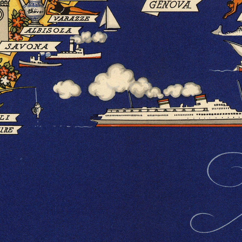 Antiguo mapa pictórico de Liguria por De Agostini, 1938: Génova, La Spezia, Cinque Terre, Riviera italiana, Alpes marítimos