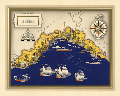 Antiguo mapa pictórico de Liguria por De Agostini, 1938: Génova, La Spezia, Cinque Terre, Riviera italiana, Alpes marítimos