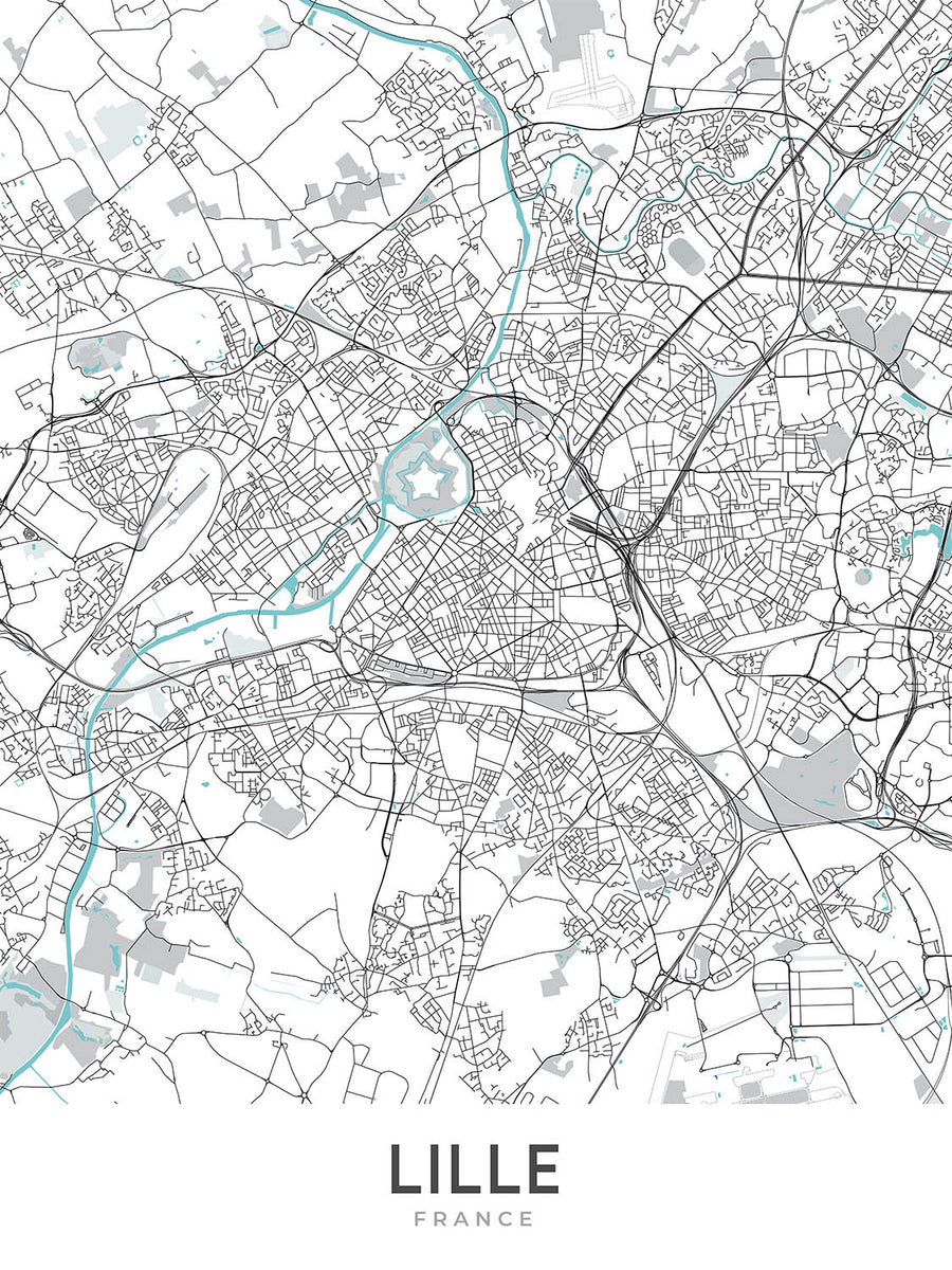 Modern City Map of Lille, France: Vieux-Lille, Palais des Beaux-Arts, Grand Place, A25, N356
