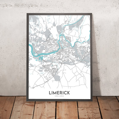 Plan de la ville moderne de Limerick, Irlande : Château du Roi Jean, Thomond Park, Université de Limerick, N18, N21