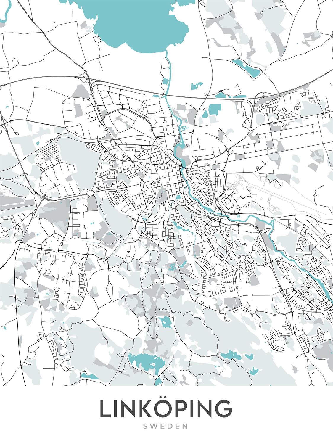 Mapa moderno de la ciudad de Linköping, Suecia: Catedral, Castillo, Universidad, E4, Stångebro