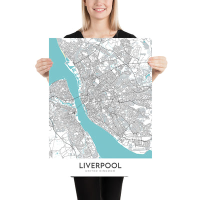 Moderner Stadtplan von Liverpool, Großbritannien: Stadtzentrum, St. George's Hall, Tate Liverpool, Anfield, M62