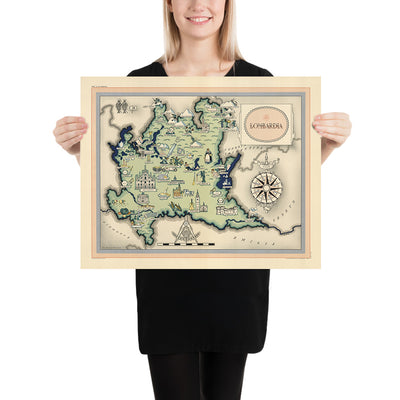 Mapa antiguo de Lombardía de De Agostini, 1938: Milán, Bérgamo, Brescia, Lago Como, Parque Nacional Stelvio