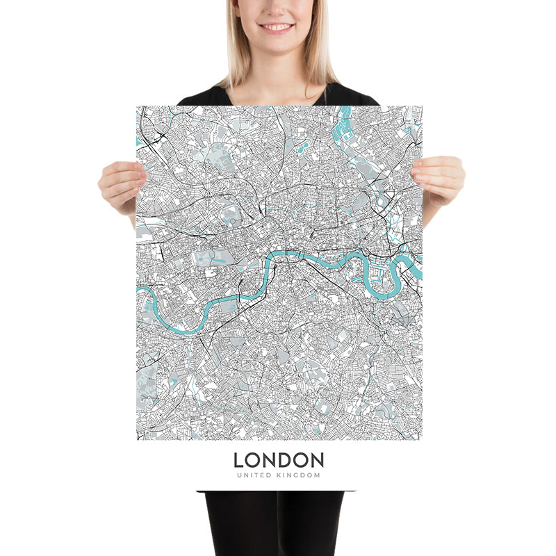 Mapa moderno de la ciudad de Londres, Reino Unido: Westminster, Palacio de Buckingham, Torre de Londres, Río Támesis, Catedral de San Pablo