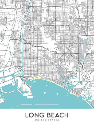 Plan de la ville moderne de Long Beach, Californie : centre-ville, aquarium, magasins d'usine Pike, Queen Mary, Shoreline Village