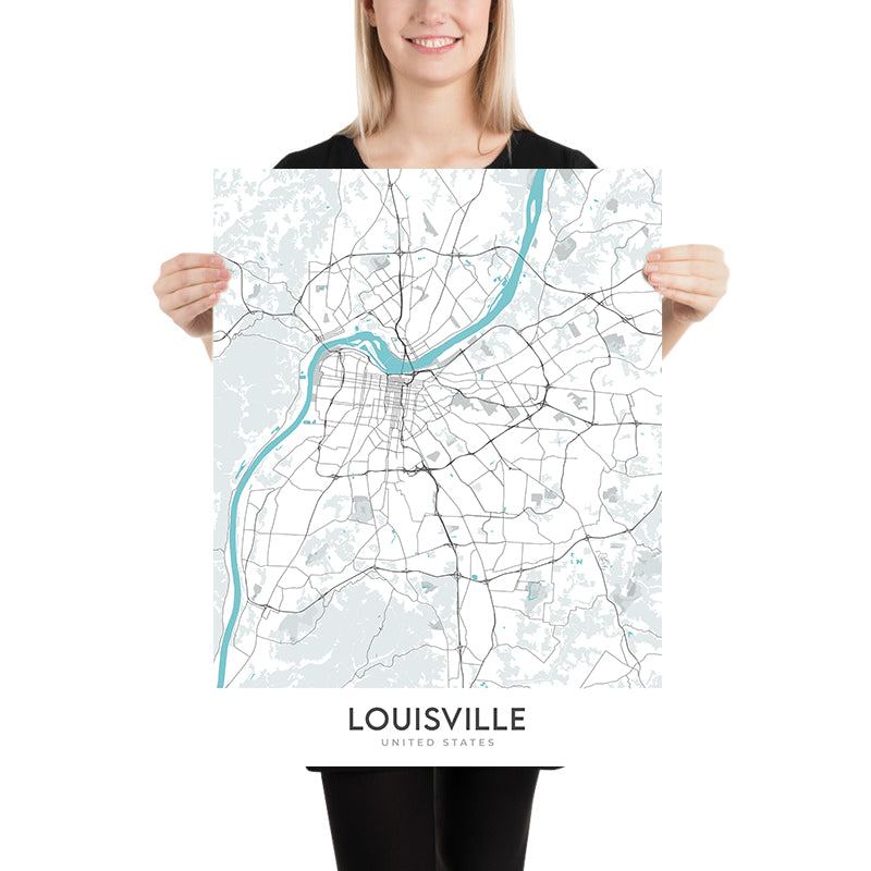 Mapa moderno de la ciudad de Louisville, KY: centro, antiguo Louisville, Highlands, Muhammad Ali Center, Churchill Downs