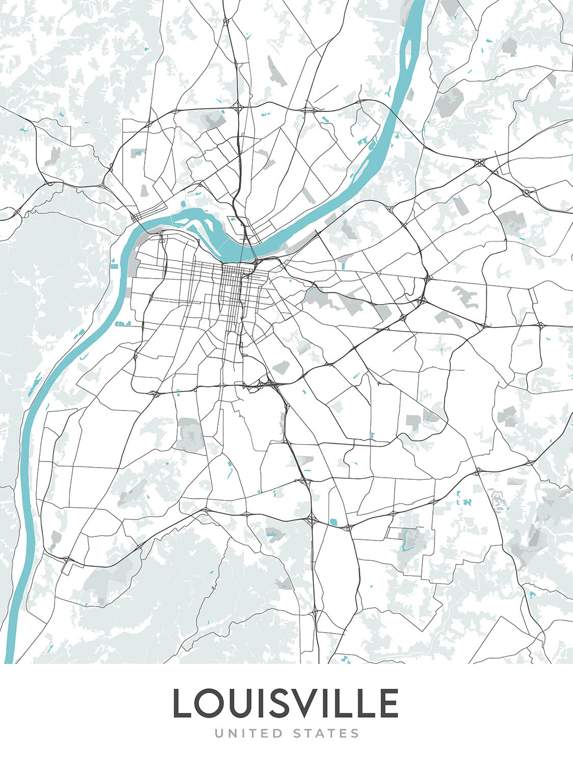 Plan de la ville moderne de Louisville, KY : centre-ville, vieux Louisville, Highlands, Muhammad Ali Center, Churchill Downs