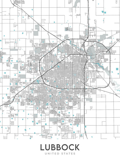 Plan de la ville moderne de Lubbock, Texas : Texas Tech University, Jones AT&T Stadium, Canyon Lakes, US-84, US-87