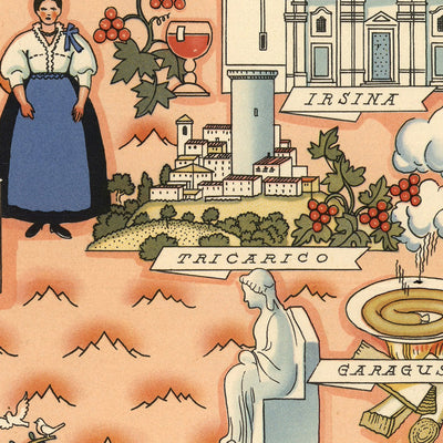 Antiguo mapa pictórico de Lucania por De Agostini, 1938: Potenza, Matera, Parque Nacional Pollino, Sassi di Matera, Castel del Monte