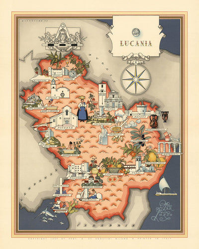 Antiguo mapa pictórico de Lucania por De Agostini, 1938: Potenza, Matera, Parque Nacional Pollino, Sassi di Matera, Castel del Monte
