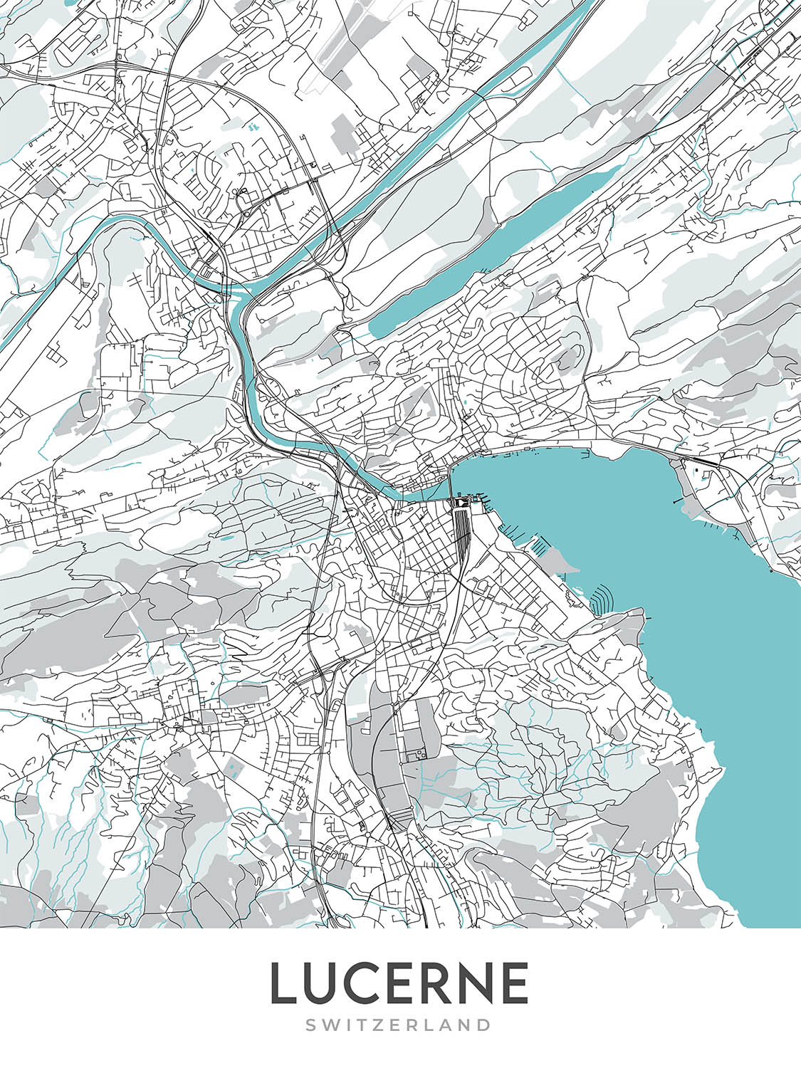 Plan de la ville moderne de Lucerne, Suisse : Altstadt, pont de la Chapelle, église des Jésuites, Musée suisse des transports, Bundesstrasse 2