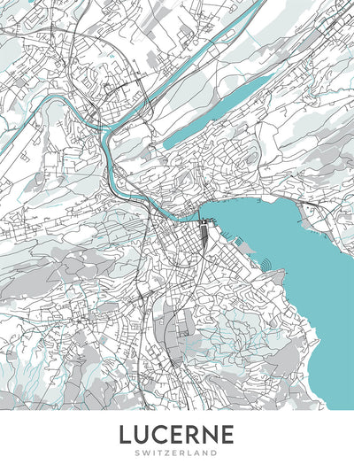 Plan de la ville moderne de Lucerne, Suisse : Altstadt, pont de la Chapelle, église des Jésuites, Musée suisse des transports, Bundesstrasse 2