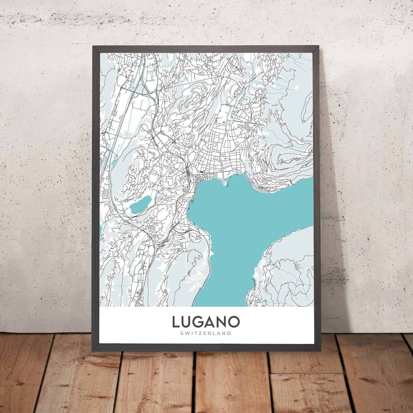 Moderner Stadtplan von Lugano, Schweiz: Luganersee, Monte Brè, Monte San Salvatore, Swissminiatur, Kathedrale San Lorenzo