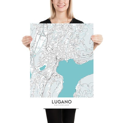 Moderner Stadtplan von Lugano, Schweiz: Luganersee, Monte Brè, Monte San Salvatore, Swissminiatur, Kathedrale San Lorenzo