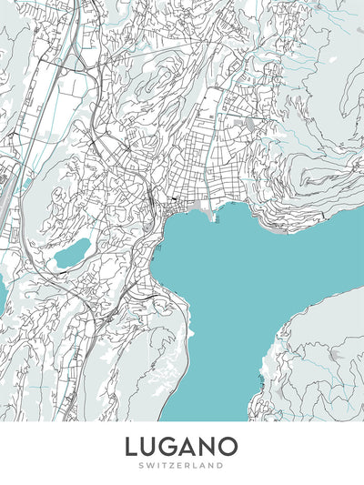 Plan de la ville moderne de Lugano, Suisse : lac de Lugano, Monte Brè, Monte San Salvatore, Swissminiatur, cathédrale de San Lorenzo