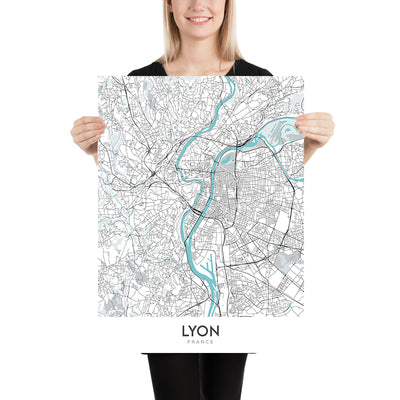 Modern City Map of Lyon, France: Croix-Rousse, Notre-Dame, Parc de la Tête d'Or, Presqu'île, Vieux Lyon