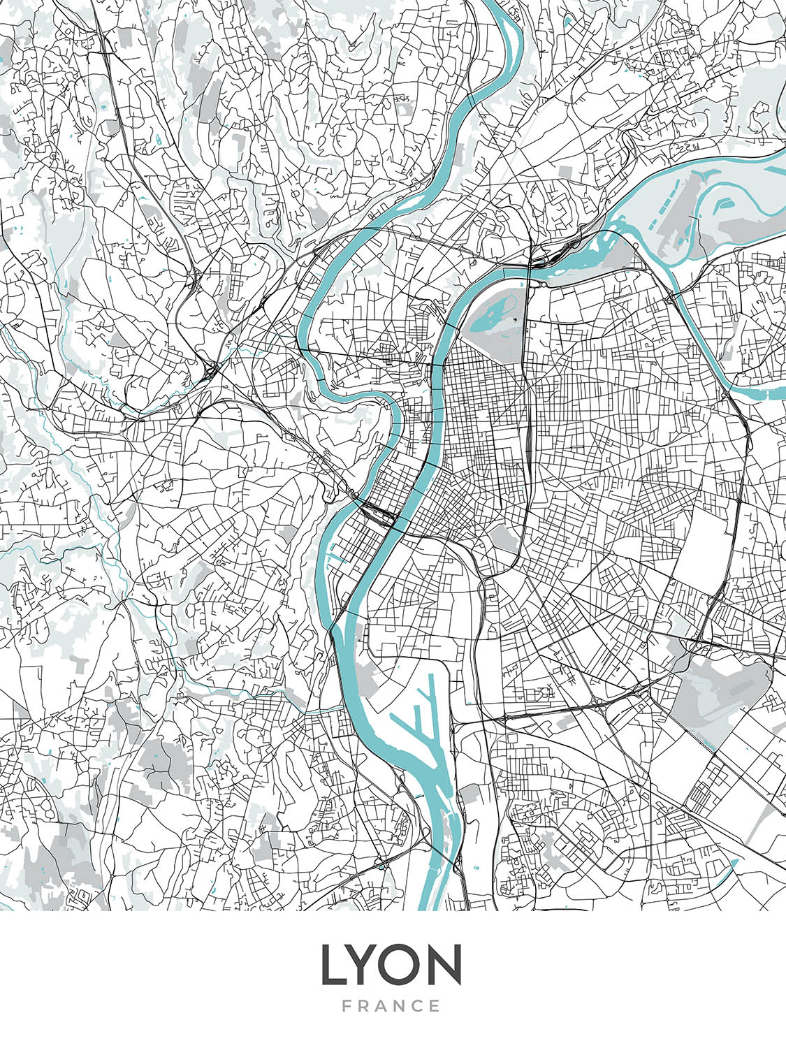 Plan de la ville moderne de Lyon, France : Croix-Rousse, Notre-Dame, Parc de la Tête d'Or, Presqu'île, Vieux Lyon