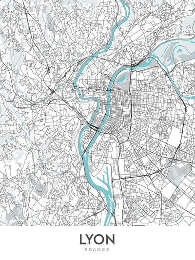 Plan de la ville moderne de Lyon, France : Croix-Rousse, Notre-Dame, Parc de la Tête d'Or, Presqu'île, Vieux Lyon