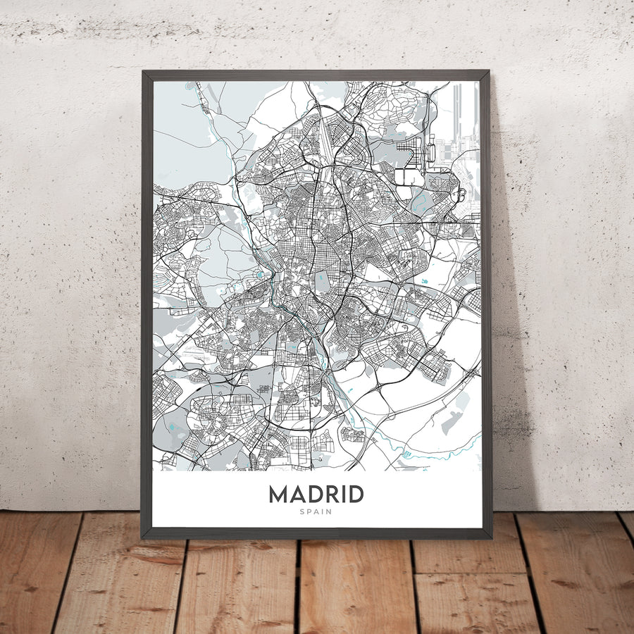 Mappa della città moderna di Madrid, Spagna: Palazzo Reale, Prado, Retiro, Gran Vía, Casa de Campo 