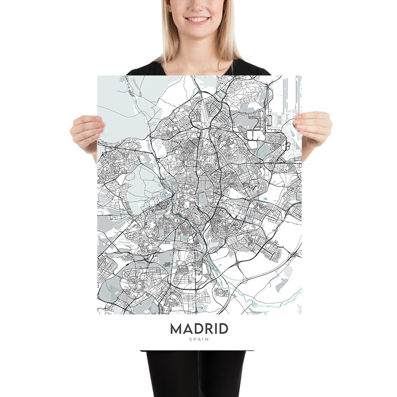 Mappa della città moderna di Madrid, Spagna: Palazzo Reale, Prado, Retiro, Gran Vía, Casa de Campo 