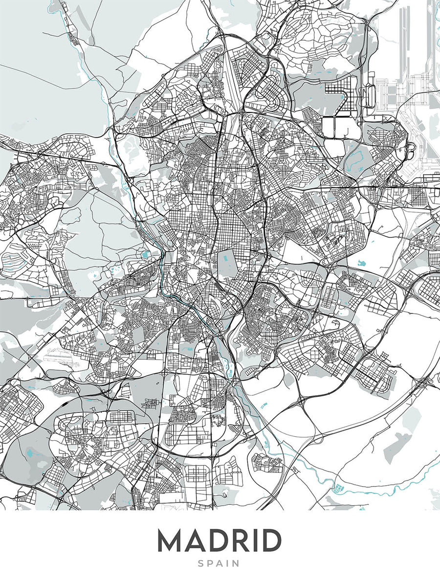 Mappa della città moderna di Madrid, Spagna: Palazzo Reale, Prado, Retiro, Gran Vía, Casa de Campo 