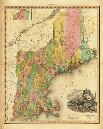 Mapa antiguo de Nueva Inglaterra por H. S. Tanner, 1820 - Boston, Providence, Hartford, Portland, Worcester
