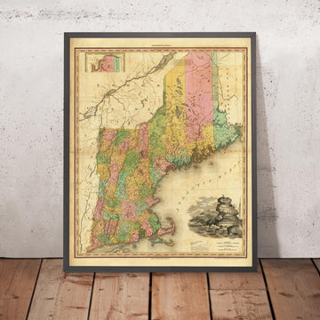 Antica mappa del New England di H. S. Tanner, 1820 - Boston, Providence, Hartford, Portland, Worcester 