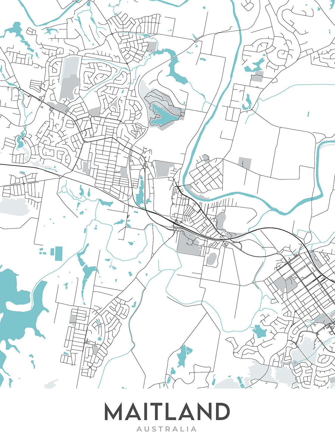 Plan de la ville moderne de Maitland, Nouvelle-Galles du Sud : prison de Maitland, musée de Maitland, hôtel de ville de Maitland, New England Hwy, Pacific Hwy