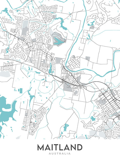 Mapa moderno de la ciudad de Maitland, Nueva Gales del Sur: Maitland Gaol, Maitland Museum, Maitland Town Hall, New England Hwy, Pacific Hwy