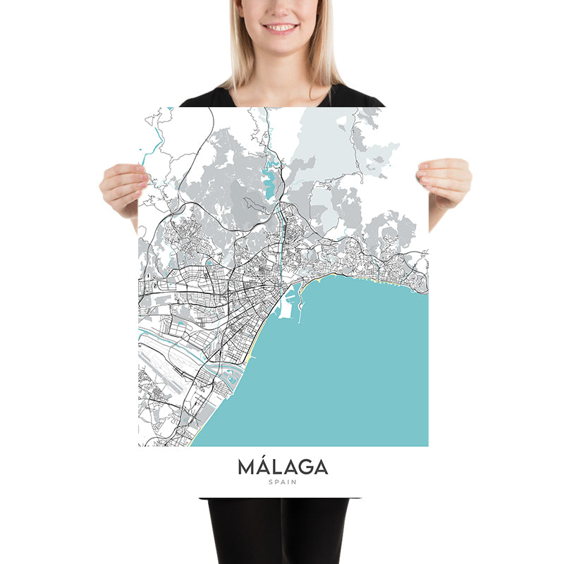 Mapa moderno de la ciudad de Málaga, España: Catedral, Teatro Romano, Castillo de Gibralfaro, Distrito histórico, Distrito comercial moderno