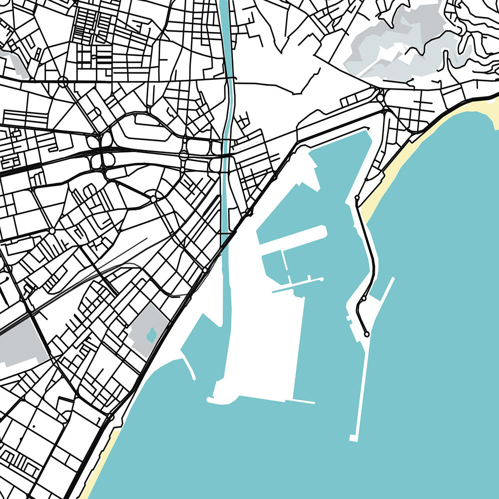 Modern City Map of Málaga, Spain: Cathedral, Roman Theatre, Gibralfaro Castle, Historic District, Modern Business District