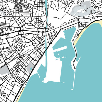 Moderner Stadtplan von Málaga, Spanien: Kathedrale, römisches Theater, Burg Gibralfaro, historisches Viertel, modernes Geschäftsviertel