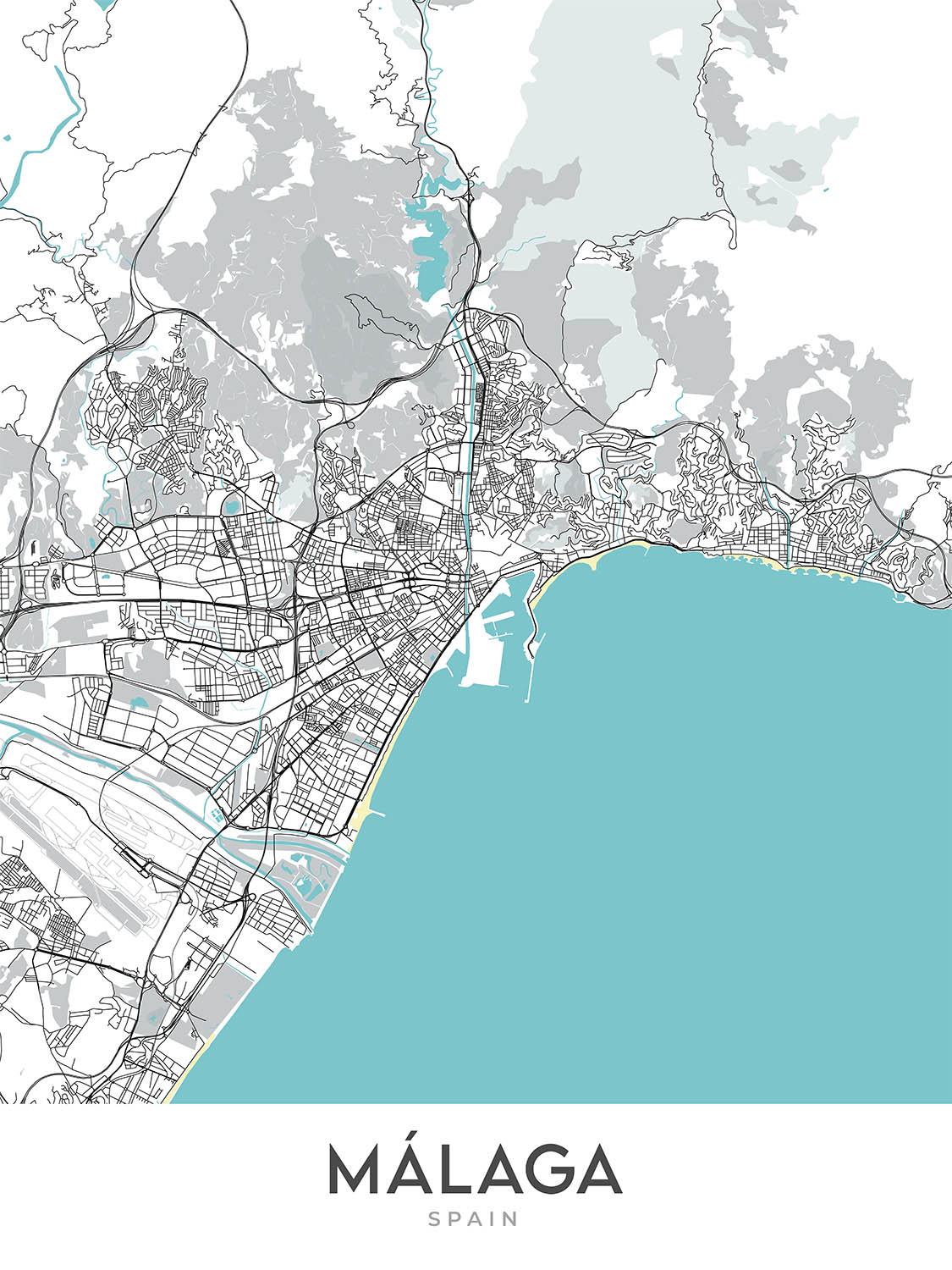 Mapa moderno de la ciudad de Málaga, España: Catedral, Teatro Romano, Castillo de Gibralfaro, Distrito histórico, Distrito comercial moderno