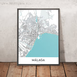 Mappa della città moderna di Málaga, Spagna: Cattedrale, Teatro Romano, Castello di Gibralfaro, Quartiere Storico, Quartiere degli Affari Moderno 