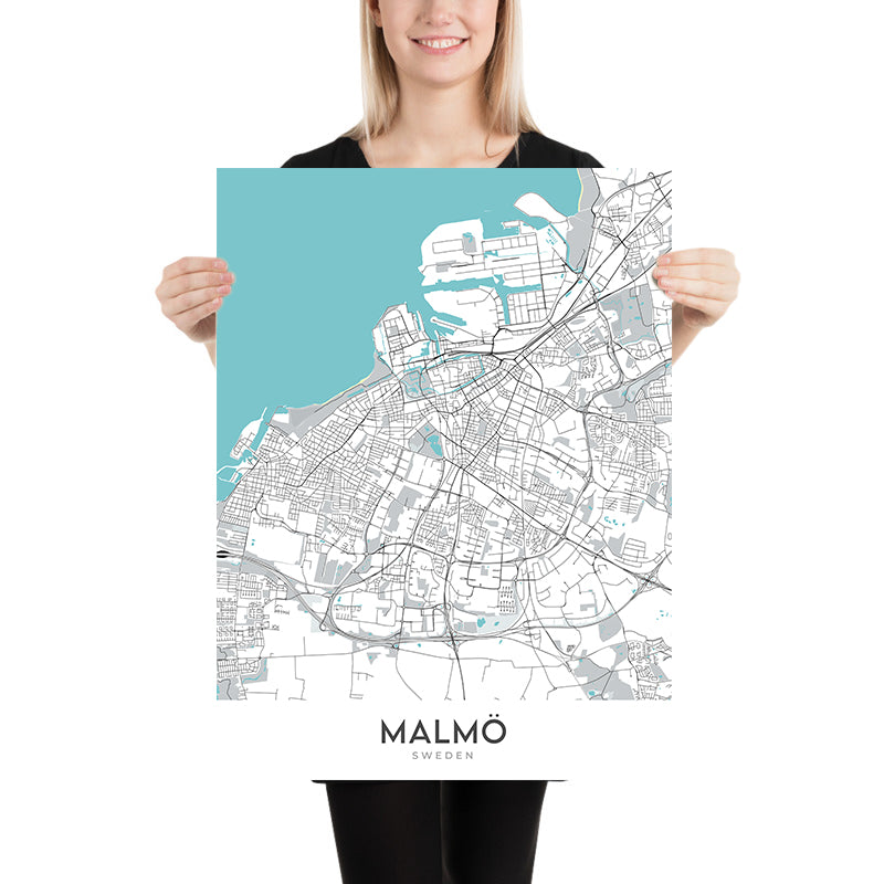 Mapa moderno de la ciudad de Malmö, Suecia: Västra Innerstaden, Östra Innerstaden, Möllevången, Gamla Staden, E20