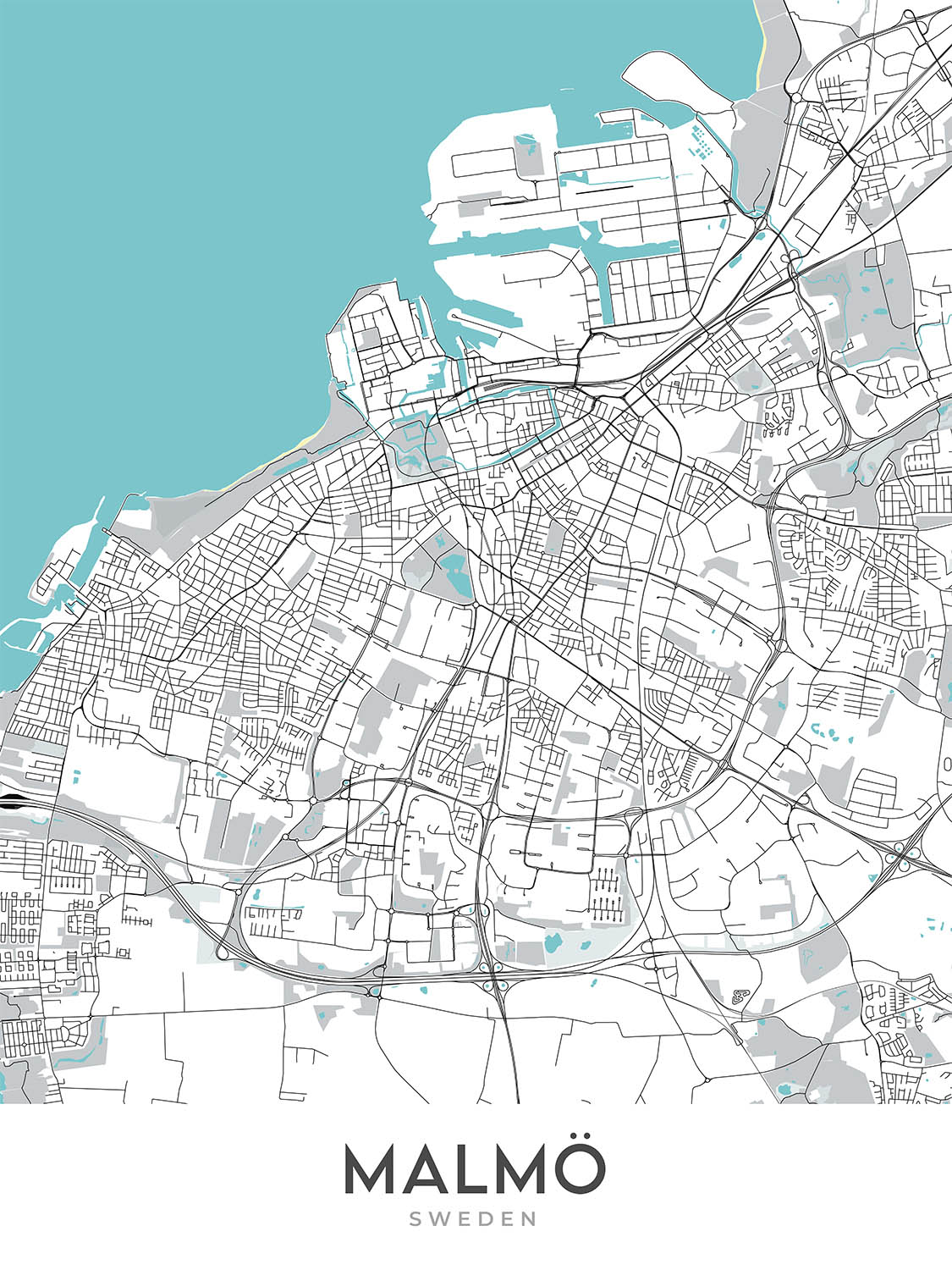Modern City Map of Malmö, Sweden: Västra Innerstaden, Östra Innerstaden, Möllevången, Gamla Staden, E20
