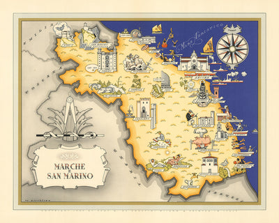Antiguo mapa pictórico de Marche e San Marino por De Agostini, 1938: Ancona, San Marino, Parque Nacional Monti Sibillini, Parco Naturale Regionale del Monte Conero, Basílica de San Ciriaco