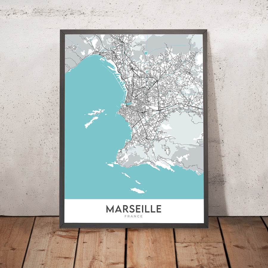 Mappa della città moderna di Marsiglia, Francia: Panier, Corniche, Stade Vélodrome, Palais Longchamp, Calanques 