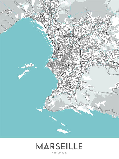 Mapa moderno de la ciudad de Marsella, Francia: Panier, Corniche, Stade Vélodrome, Palais Longchamp, Calanques