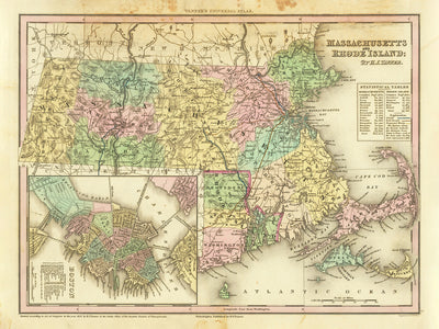Ancienne carte du Massachusetts et du Rhode Island par H. S. Tanner, 1836 : Boston, Worcester, Providence, Springfield, Cambridge