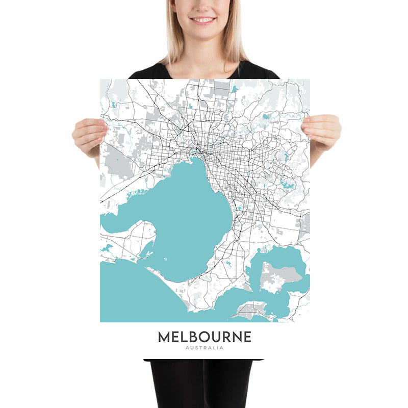 Moderner Stadtplan von Melbourne, Australien: MCG, NGV, Queen Victoria Market, South Melbourne Market, Prahran Market