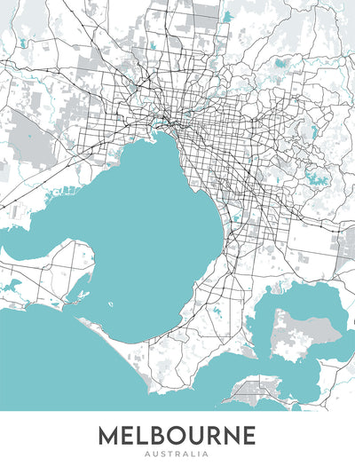 Moderner Stadtplan von Melbourne, Australien: MCG, NGV, Queen Victoria Market, South Melbourne Market, Prahran Market